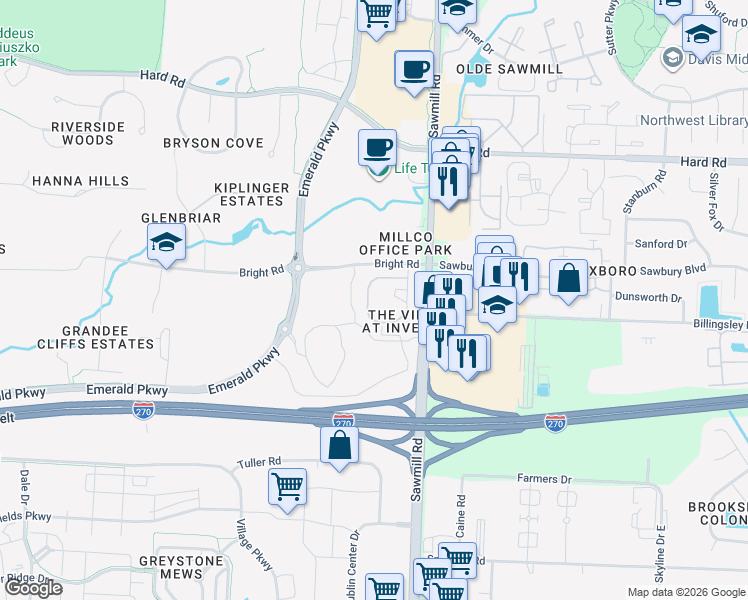 map of restaurants, bars, coffee shops, grocery stores, and more near 3899 Inverness Circle in Dublin