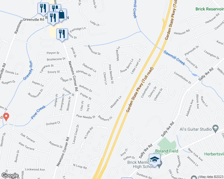 map of restaurants, bars, coffee shops, grocery stores, and more near 145 Pine Needle Street in Howell Township
