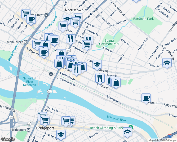 map of restaurants, bars, coffee shops, grocery stores, and more near 335 East Penn Street in Norristown