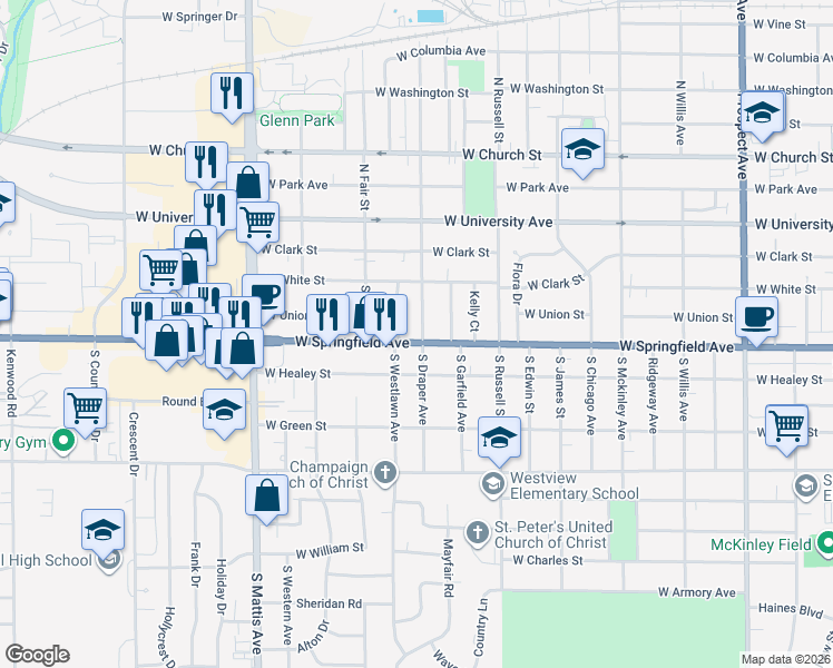 map of restaurants, bars, coffee shops, grocery stores, and more near 1502 W Springfield Ave in Champaign