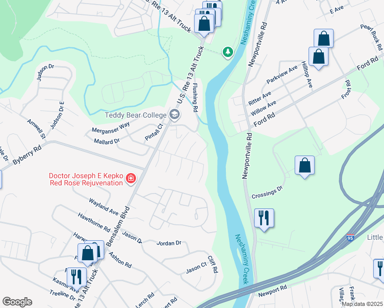 map of restaurants, bars, coffee shops, grocery stores, and more near 5209 Leeward Road in Bensalem