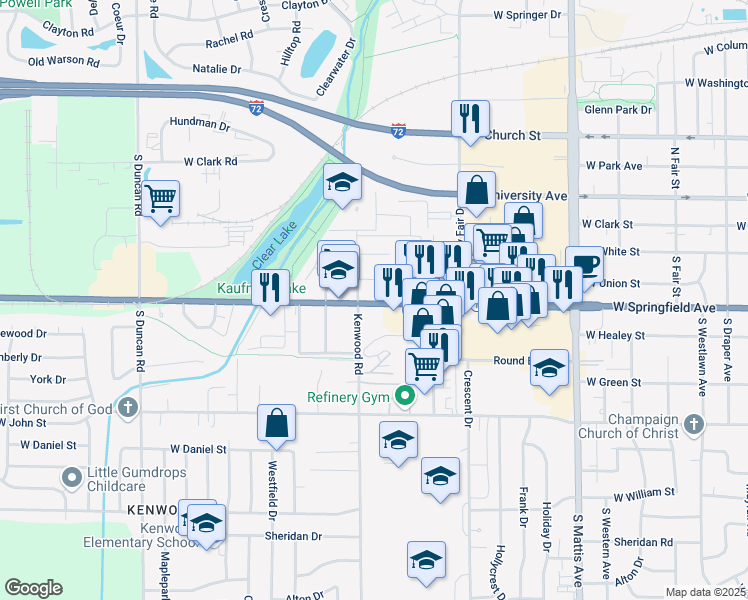 map of restaurants, bars, coffee shops, grocery stores, and more near 2300 West Springfield Avenue in Champaign