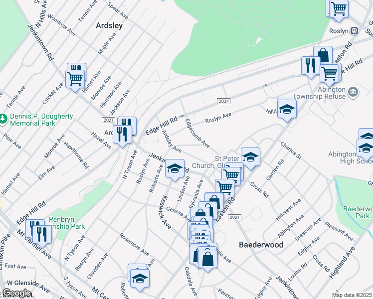 map of restaurants, bars, coffee shops, grocery stores, and more near 2455 Ardsley Avenue in Glenside