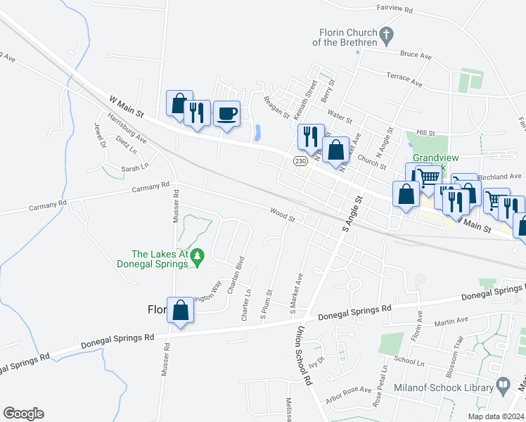 map of restaurants, bars, coffee shops, grocery stores, and more near 946 Wood Street in Mount Joy