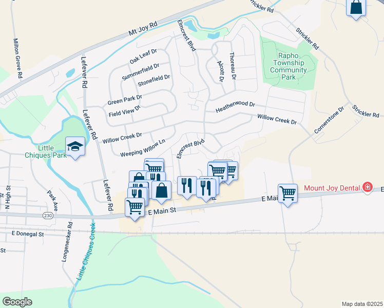 map of restaurants, bars, coffee shops, grocery stores, and more near 1302 Sutherland Lane in Mount Joy