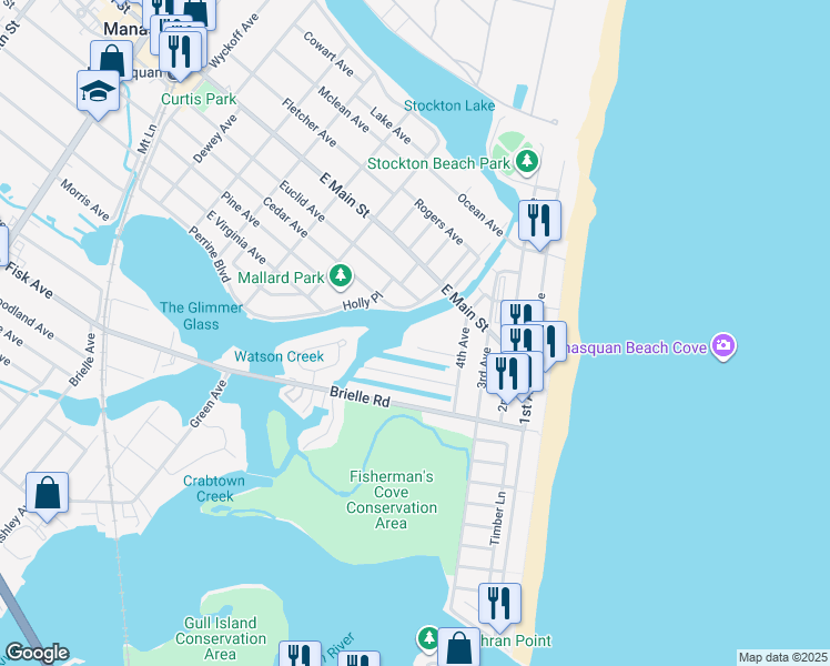 map of restaurants, bars, coffee shops, grocery stores, and more near 25 Captains Court in Manasquan