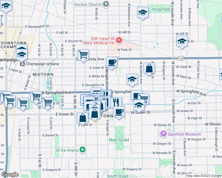 map of restaurants, bars, coffee shops, grocery stores, and more near 1406 West Springfield Avenue in Urbana