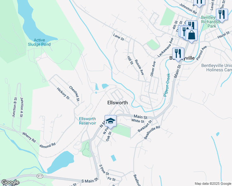 map of restaurants, bars, coffee shops, grocery stores, and more near 50 Locust Street in Bentleyville