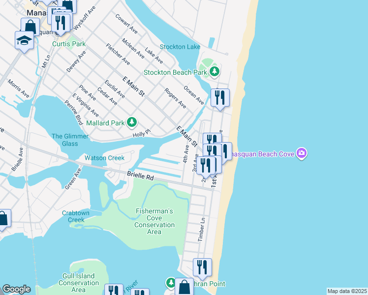 map of restaurants, bars, coffee shops, grocery stores, and more near in Manasquan