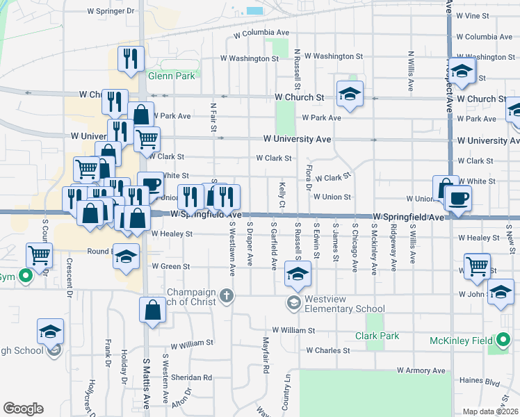map of restaurants, bars, coffee shops, grocery stores, and more near 1312 West Springfield Avenue in Champaign