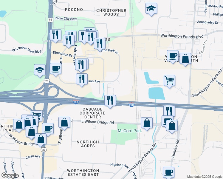 map of restaurants, bars, coffee shops, grocery stores, and more near 7155 Croft Farm Drive in Columbus