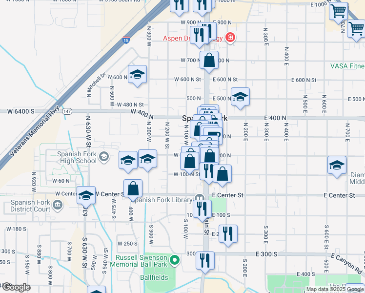 map of restaurants, bars, coffee shops, grocery stores, and more near 247 North 100 West Street in Spanish Fork