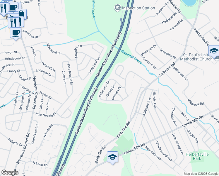 map of restaurants, bars, coffee shops, grocery stores, and more near 945 Quincy Drive in Brick Township