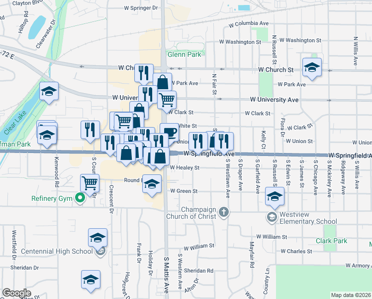 map of restaurants, bars, coffee shops, grocery stores, and more near 1618 Illinois 10 in Champaign