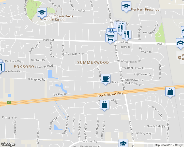 map of restaurants, bars, coffee shops, grocery stores, and more near 7565 Sagewood Court in Columbus