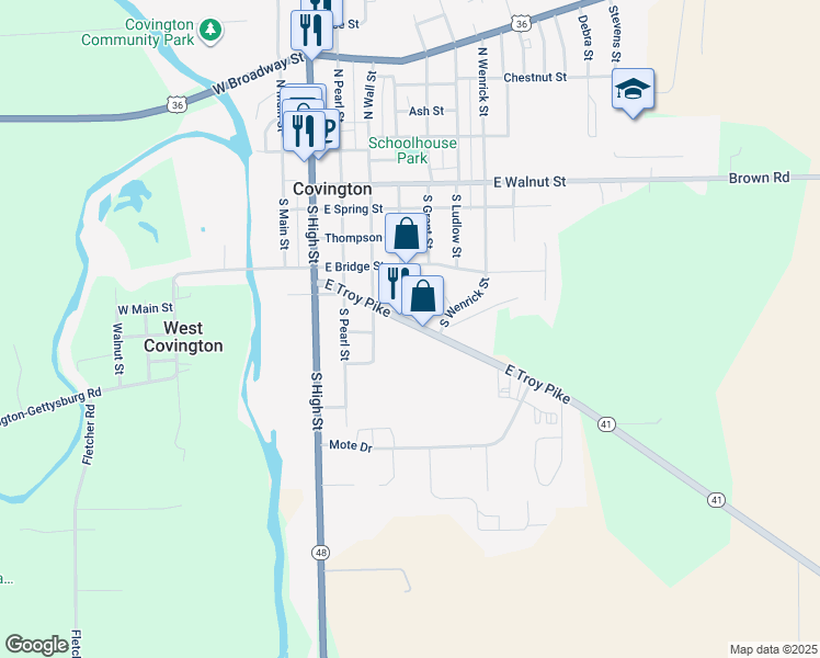 map of restaurants, bars, coffee shops, grocery stores, and more near 301 East Troy Pike in Covington