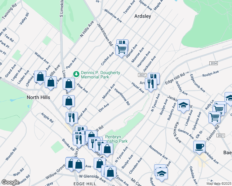 map of restaurants, bars, coffee shops, grocery stores, and more near 2712 Hawthorne Rd in Glenside