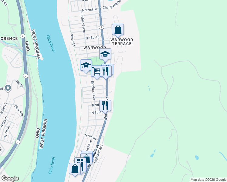map of restaurants, bars, coffee shops, grocery stores, and more near 1008 Warwood Avenue in Wheeling