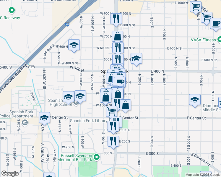 map of restaurants, bars, coffee shops, grocery stores, and more near 253 North Main Street in Spanish Fork