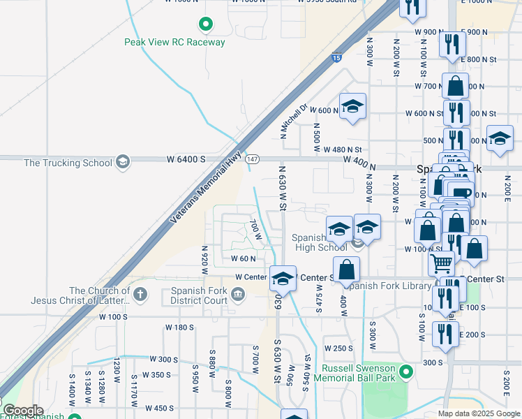map of restaurants, bars, coffee shops, grocery stores, and more near 253 North 680 West in Spanish Fork