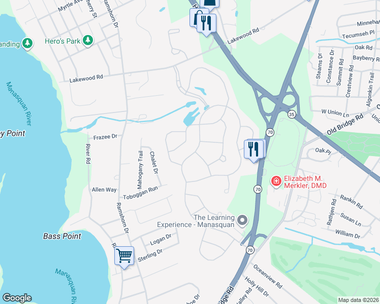 map of restaurants, bars, coffee shops, grocery stores, and more near 2529 Morningstar Road in Manasquan