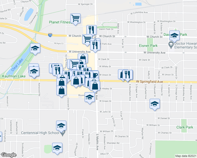 map of restaurants, bars, coffee shops, grocery stores, and more near 1714 West Springfield Avenue in Champaign