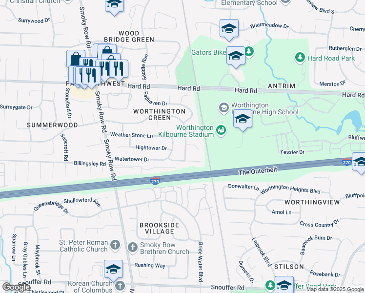 map of restaurants, bars, coffee shops, grocery stores, and more near 7593 Toweron Lane in Columbus