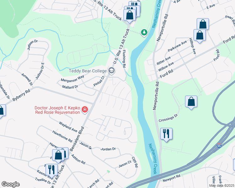 map of restaurants, bars, coffee shops, grocery stores, and more near 5204 Leeward Road in Bucks County