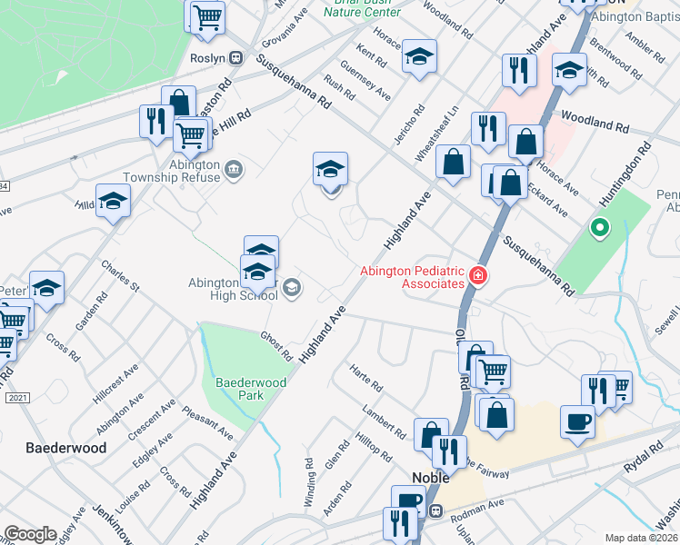 map of restaurants, bars, coffee shops, grocery stores, and more near 970 Highland Avenue in Abington