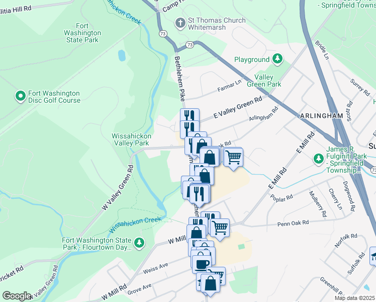 map of restaurants, bars, coffee shops, grocery stores, and more near 741 State Route 2018 in Flourtown