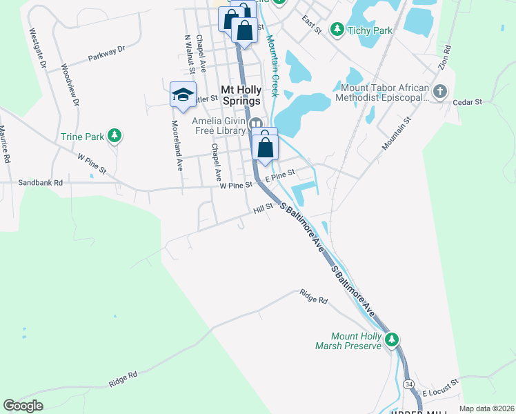 map of restaurants, bars, coffee shops, grocery stores, and more near 9 Hill Street in Mount Holly Springs