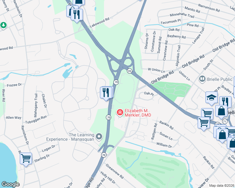 map of restaurants, bars, coffee shops, grocery stores, and more near 1022 Oval Road in Manasquan