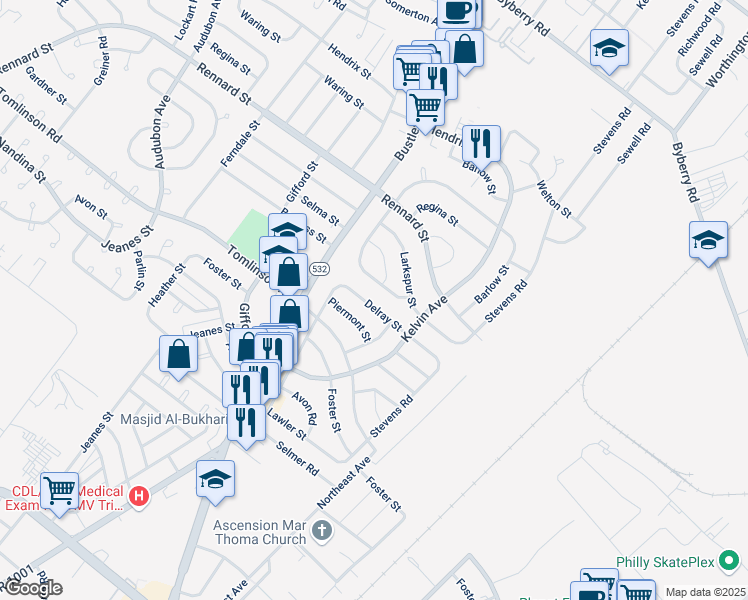 map of restaurants, bars, coffee shops, grocery stores, and more near 821 Delray Street in Philadelphia