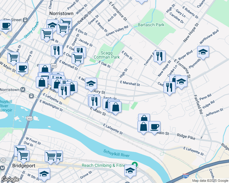 map of restaurants, bars, coffee shops, grocery stores, and more near 529 State Route 3009 in Norristown