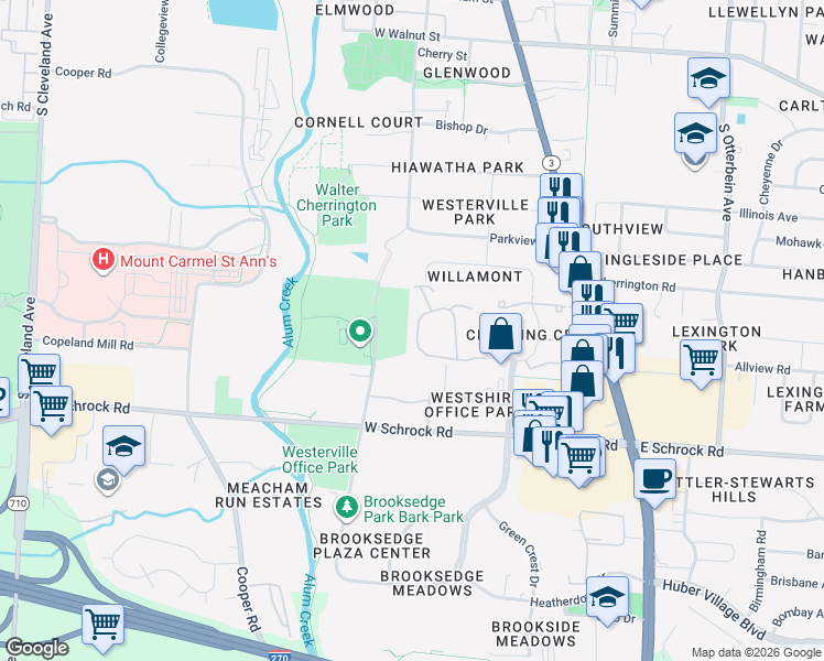 map of restaurants, bars, coffee shops, grocery stores, and more near 510 Foxtrail Circle West in Westerville