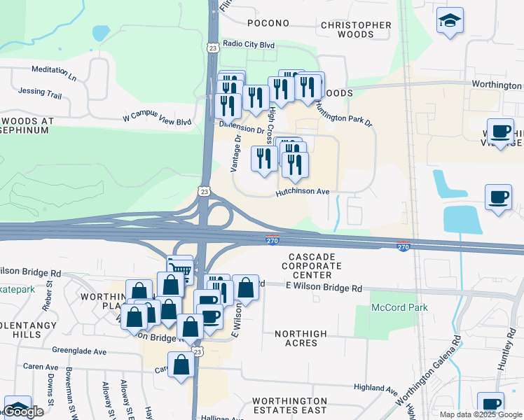 map of restaurants, bars, coffee shops, grocery stores, and more near 115 Hutchinson Avenue in Columbus