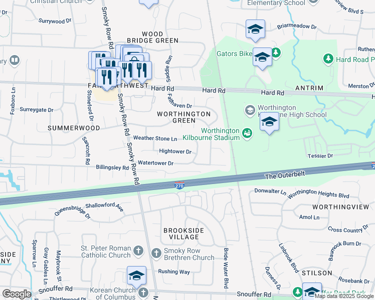 map of restaurants, bars, coffee shops, grocery stores, and more near 1678 Hightower Drive in Columbus