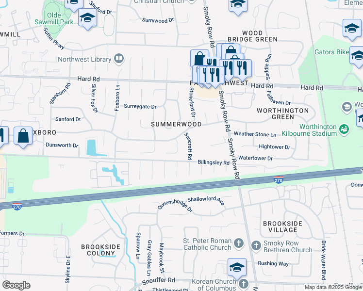 map of restaurants, bars, coffee shops, grocery stores, and more near 7639 Sancroft Road in Columbus