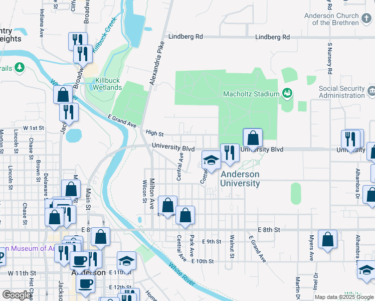 map of restaurants, bars, coffee shops, grocery stores, and more near 717 University Boulevard in Anderson