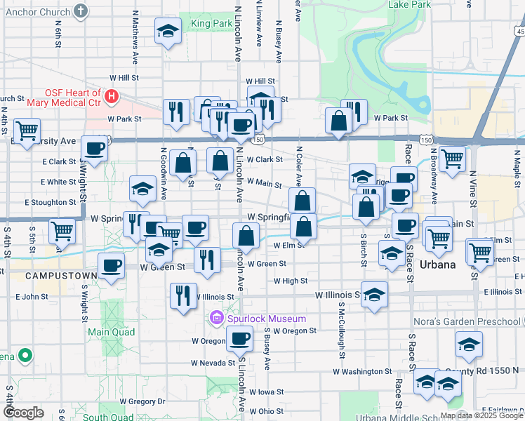 map of restaurants, bars, coffee shops, grocery stores, and more near 802 West Springfield Avenue in Urbana