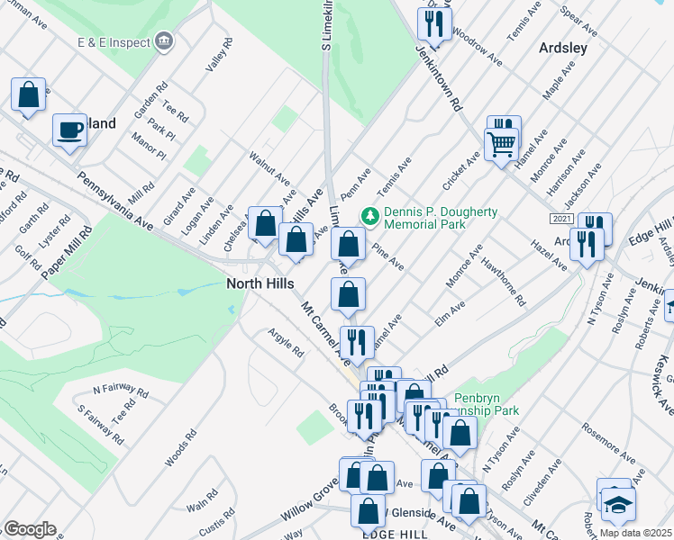 map of restaurants, bars, coffee shops, grocery stores, and more near 139 Central Avenue in Glenside