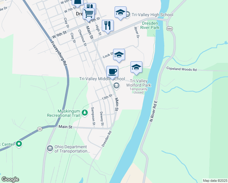 map of restaurants, bars, coffee shops, grocery stores, and more near 1358 Main Street in Dresden