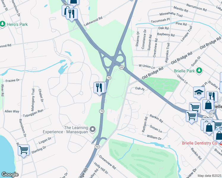 map of restaurants, bars, coffee shops, grocery stores, and more near 1022 Oval Road in Manasquan