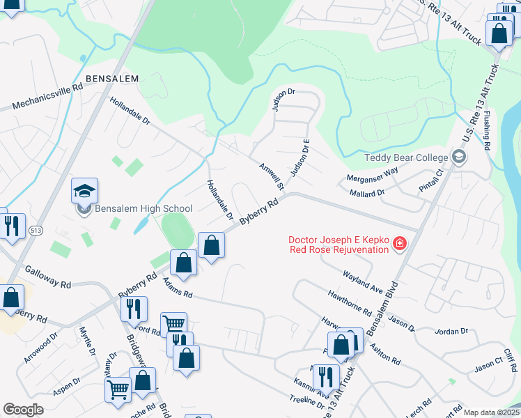map of restaurants, bars, coffee shops, grocery stores, and more near 120 Casey Lane in Bensalem