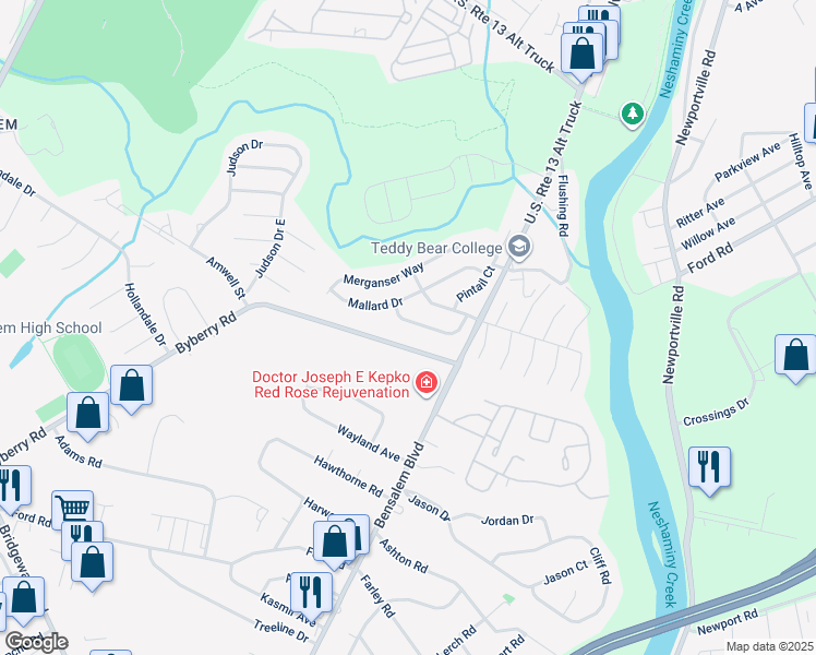 map of restaurants, bars, coffee shops, grocery stores, and more near 1072 Muscovy Lane in Bensalem