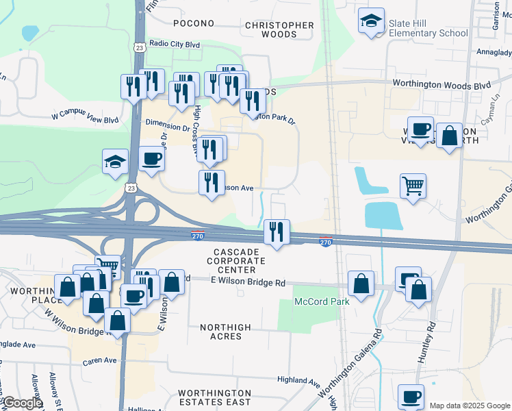map of restaurants, bars, coffee shops, grocery stores, and more near 7194 Nevis Drive in Columbus