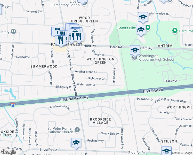 map of restaurants, bars, coffee shops, grocery stores, and more near 1724 Hightower Drive in Columbus
