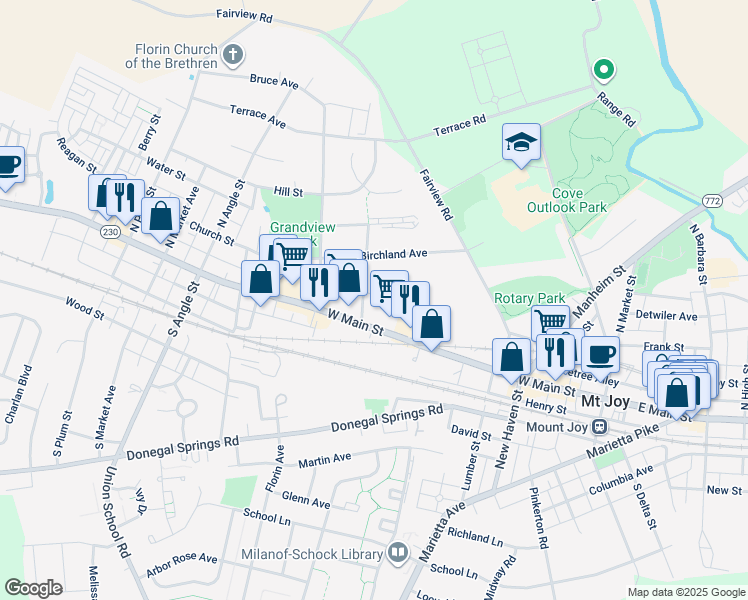 map of restaurants, bars, coffee shops, grocery stores, and more near 346 Cedar Lane in Mount Joy