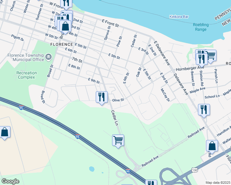 map of restaurants, bars, coffee shops, grocery stores, and more near 95 Cedar Lane in Florence Township
