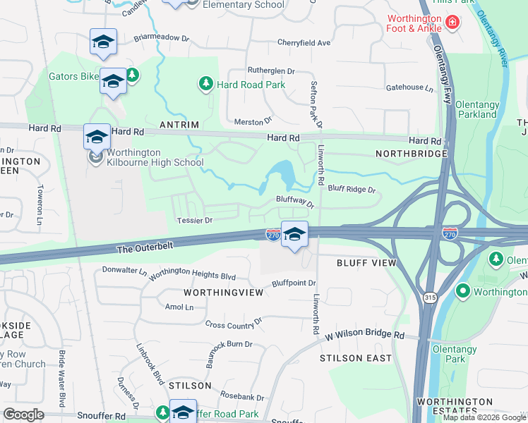 map of restaurants, bars, coffee shops, grocery stores, and more near 1103 Overlook Pass South in Columbus